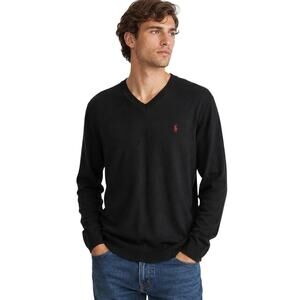Polo Ralph Lauren Men XL Cashmere Sweater Black Red Pony V Neck Old Money
